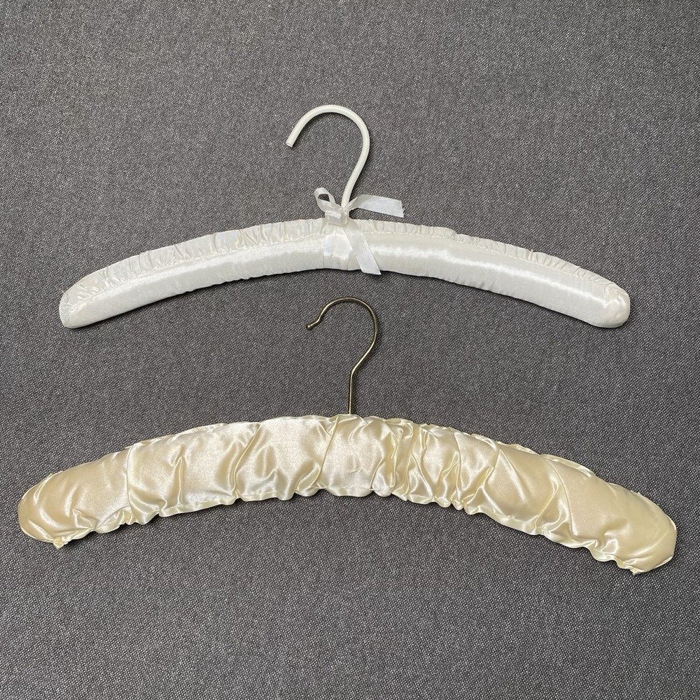 List of 2 Vintage Padded Satin Lingerie Clothes Hangers White Champagne